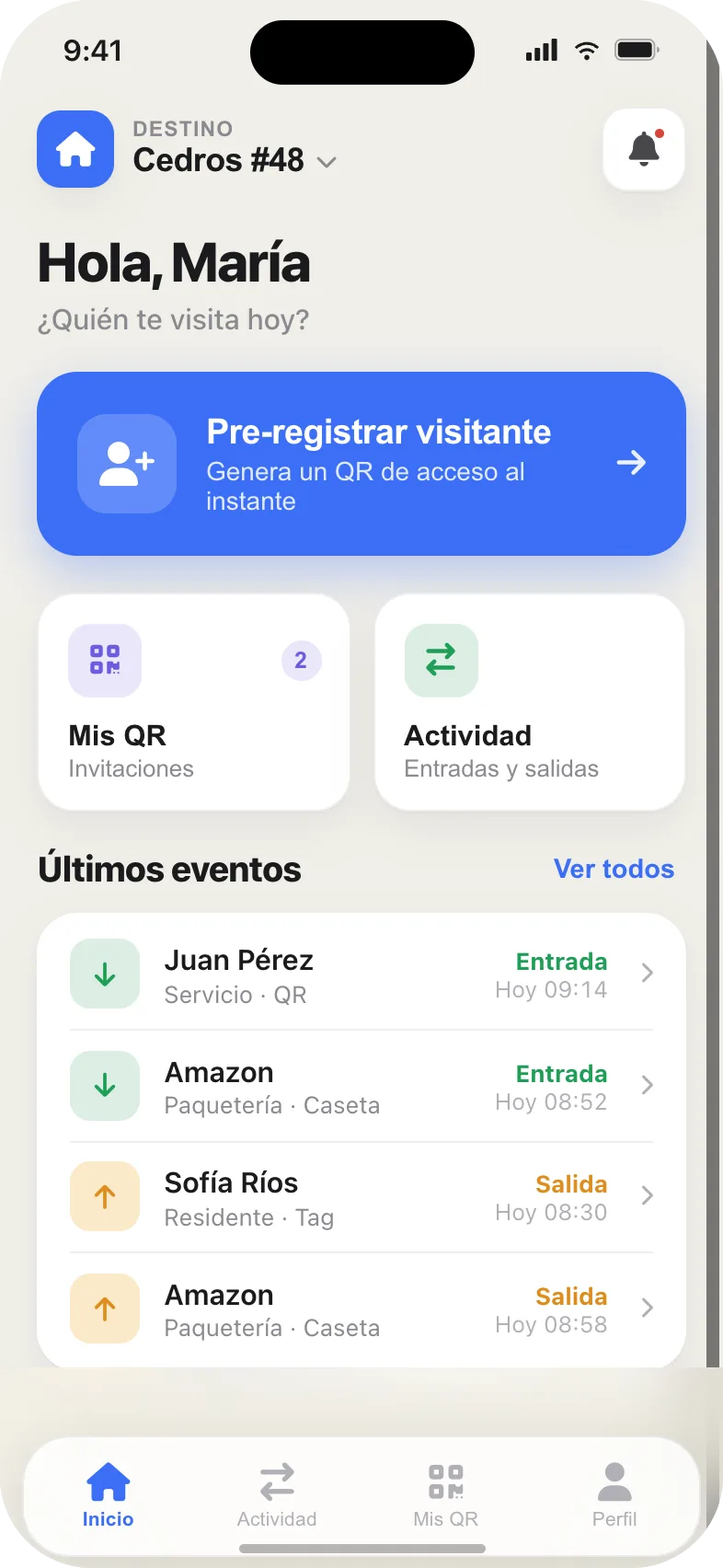 App del residente — pre-registro de visitante con QR