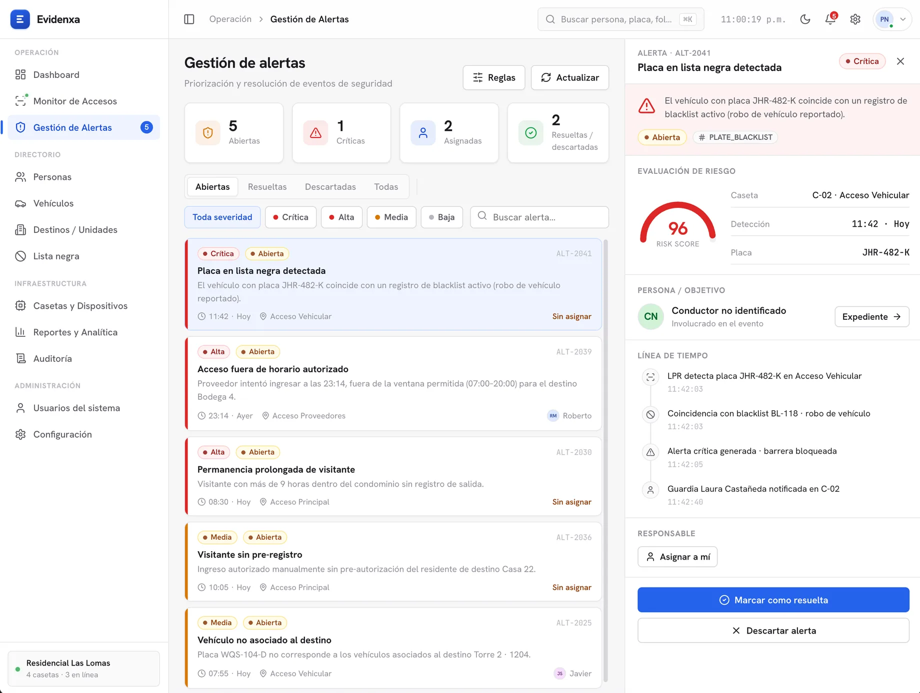 Panel de administración — módulo de gestión de alertas con niveles de riesgo