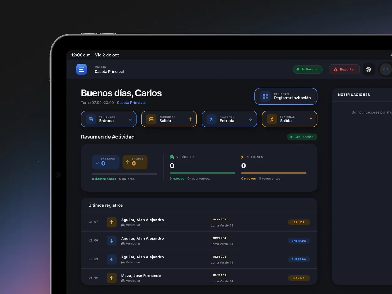 App de caseta en iPad: resumen de actividad y registros