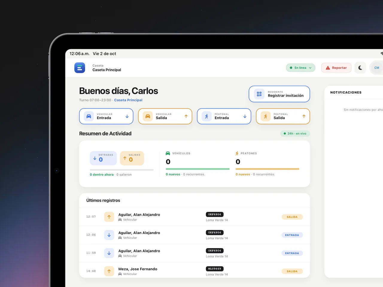 App de caseta en iPad: resumen de actividad y registros